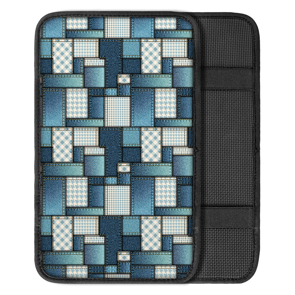 Plaid And Denim Patchwork Pattern Print Car Center Console Cover