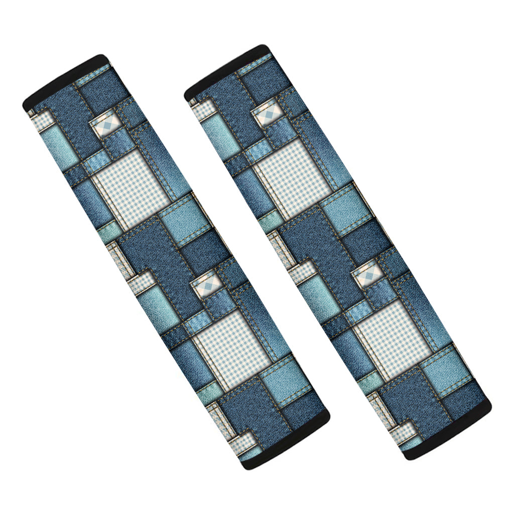 Plaid And Denim Patchwork Pattern Print Car Seat Belt Covers