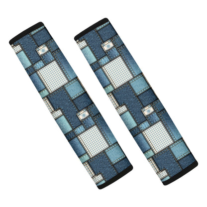 Plaid And Denim Patchwork Pattern Print Car Seat Belt Covers