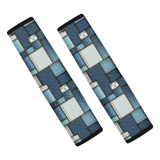 Plaid And Denim Patchwork Pattern Print Car Seat Belt Covers
