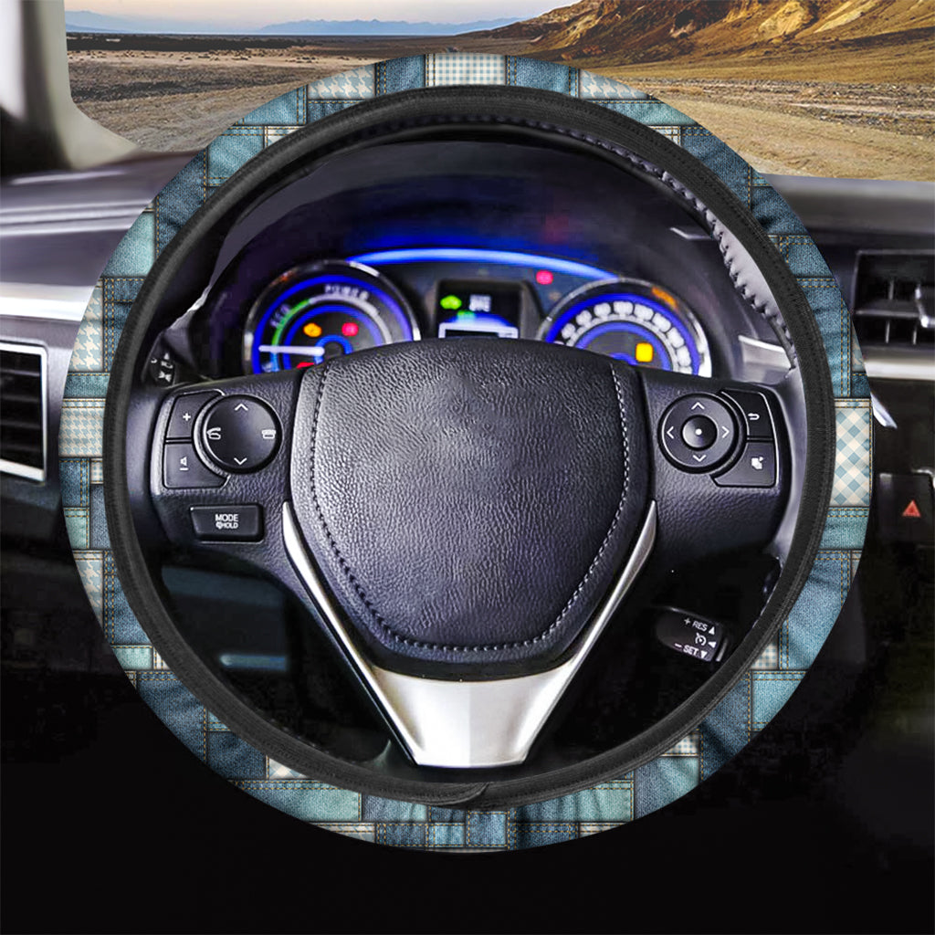 Plaid And Denim Patchwork Pattern Print Car Steering Wheel Cover