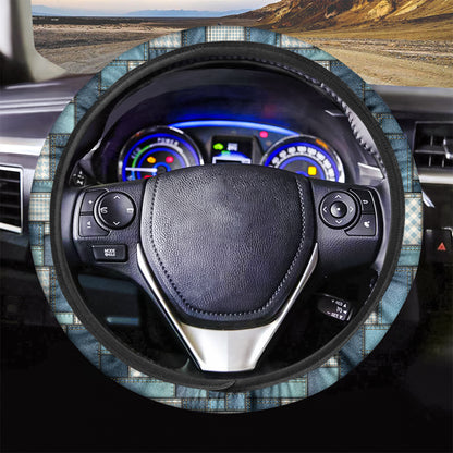 Plaid And Denim Patchwork Pattern Print Car Steering Wheel Cover