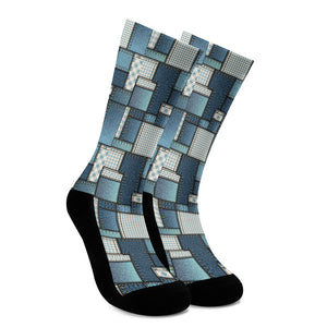 Plaid And Denim Patchwork Pattern Print Crew Socks