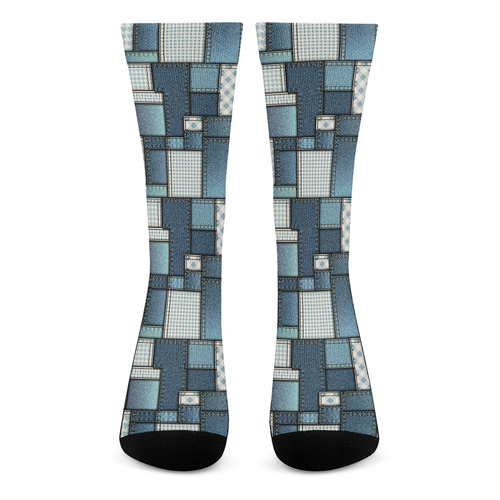 Plaid And Denim Patchwork Pattern Print Crew Socks