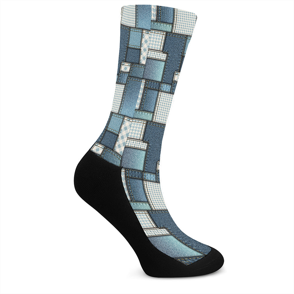 Plaid And Denim Patchwork Pattern Print Crew Socks