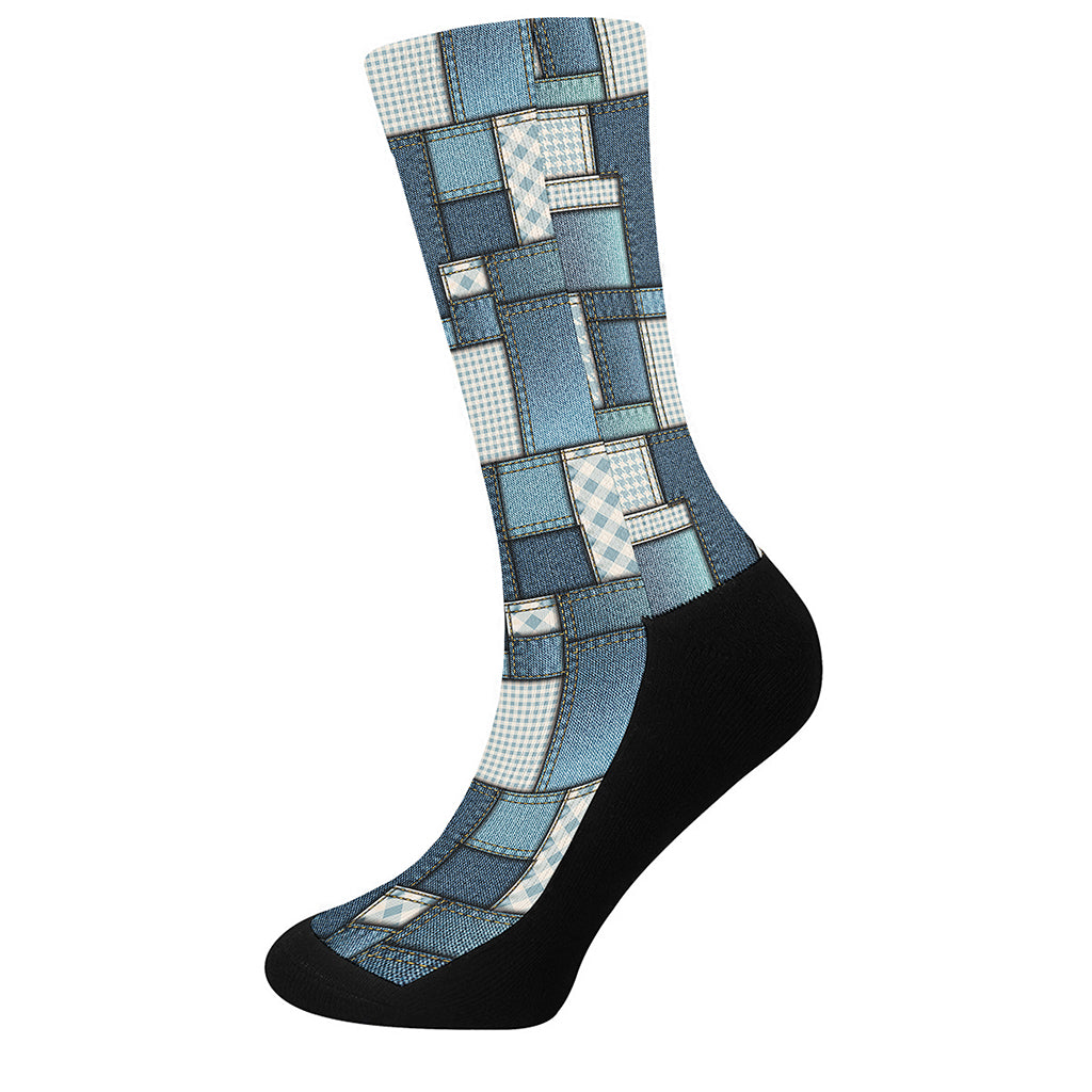 Plaid And Denim Patchwork Pattern Print Crew Socks