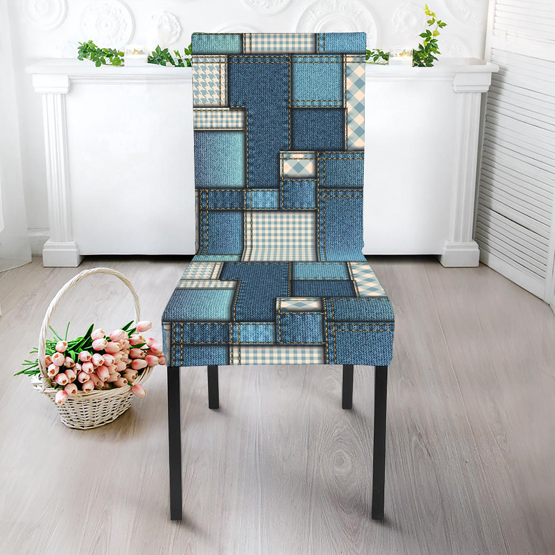 Plaid And Denim Patchwork Pattern Print Dining Chair Slipcover