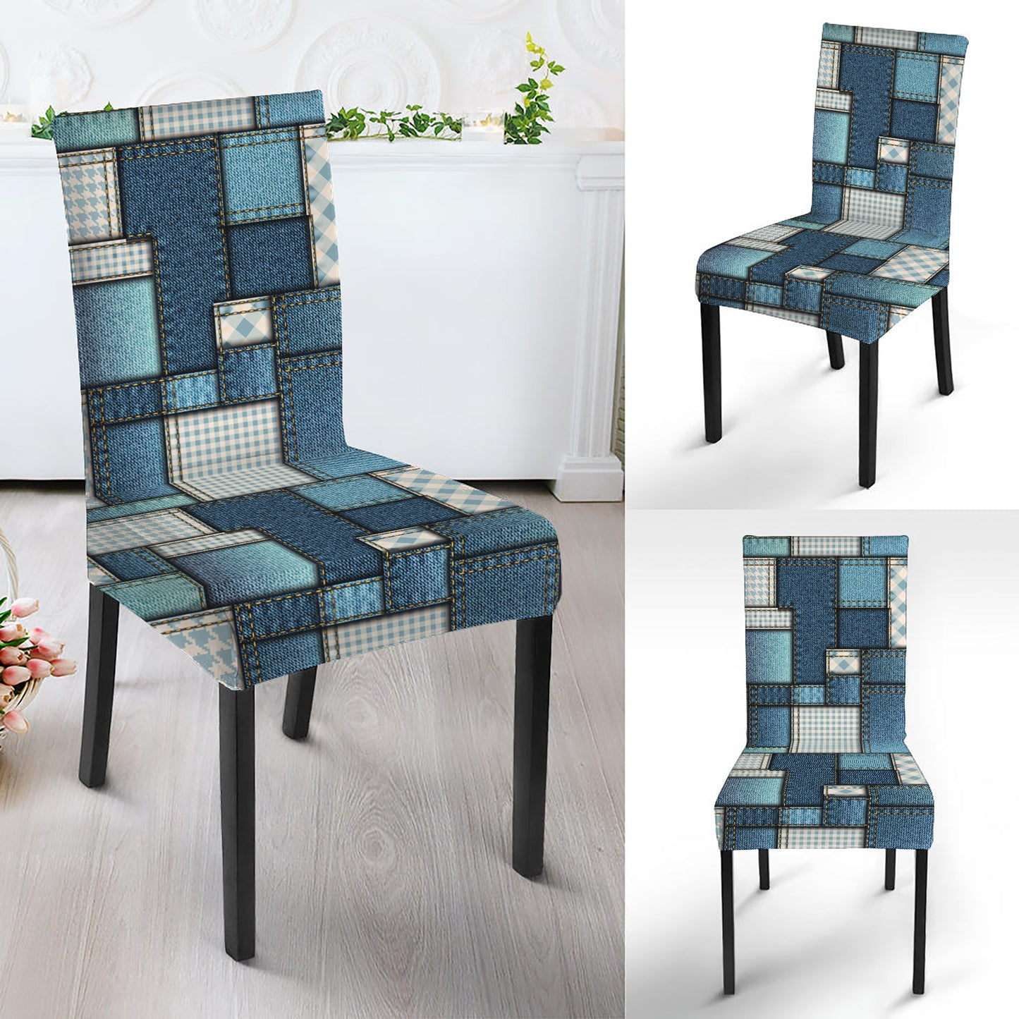 Plaid And Denim Patchwork Pattern Print Dining Chair Slipcover