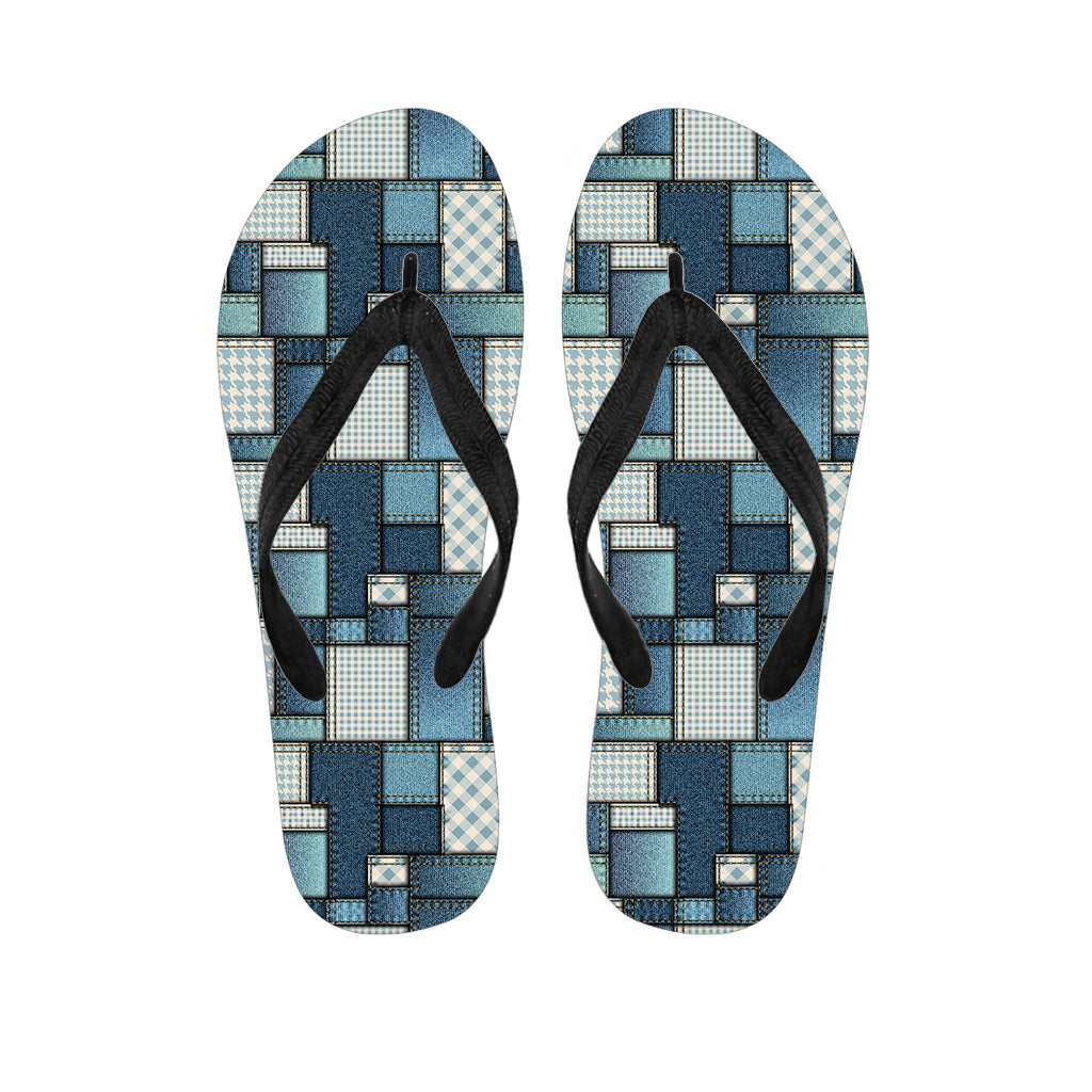 Plaid And Denim Patchwork Pattern Print Flip Flops