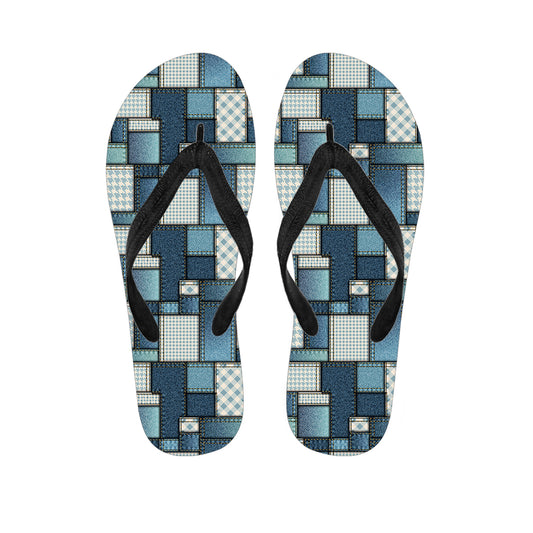 Plaid And Denim Patchwork Pattern Print Flip Flops
