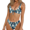 Plaid And Denim Patchwork Pattern Print Front Bow Tie Bikini
