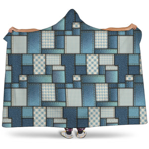 Plaid And Denim Patchwork Pattern Print Hooded Blanket