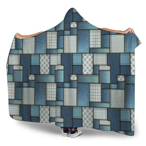 Plaid And Denim Patchwork Pattern Print Hooded Blanket