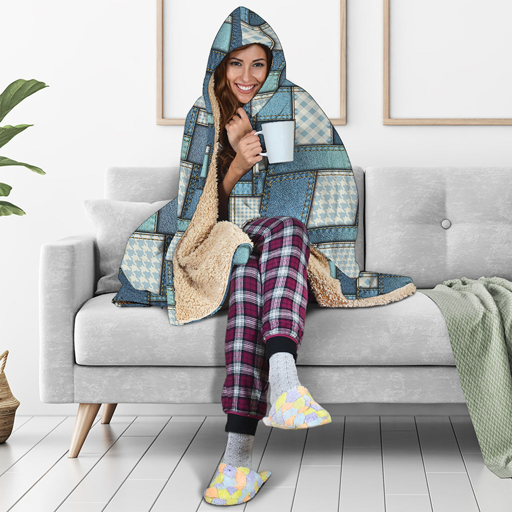 Plaid And Denim Patchwork Pattern Print Hooded Blanket