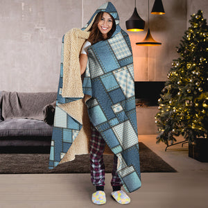 Plaid And Denim Patchwork Pattern Print Hooded Blanket