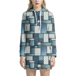 Plaid And Denim Patchwork Pattern Print Hoodie Dress