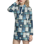 Plaid And Denim Patchwork Pattern Print Hoodie Dress