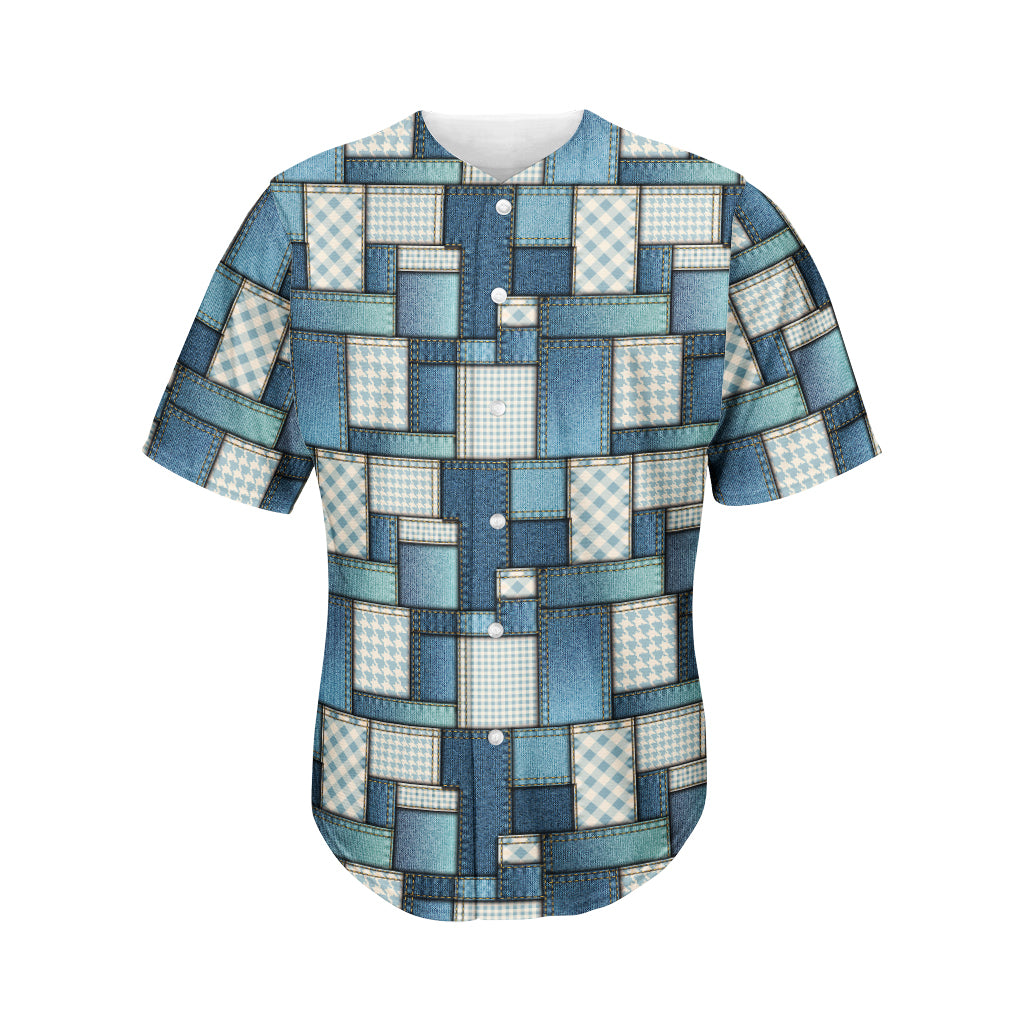 Plaid And Denim Patchwork Pattern Print Men's Baseball Jersey