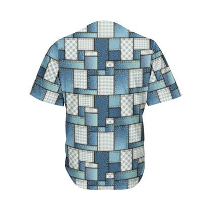 Plaid And Denim Patchwork Pattern Print Men's Baseball Jersey