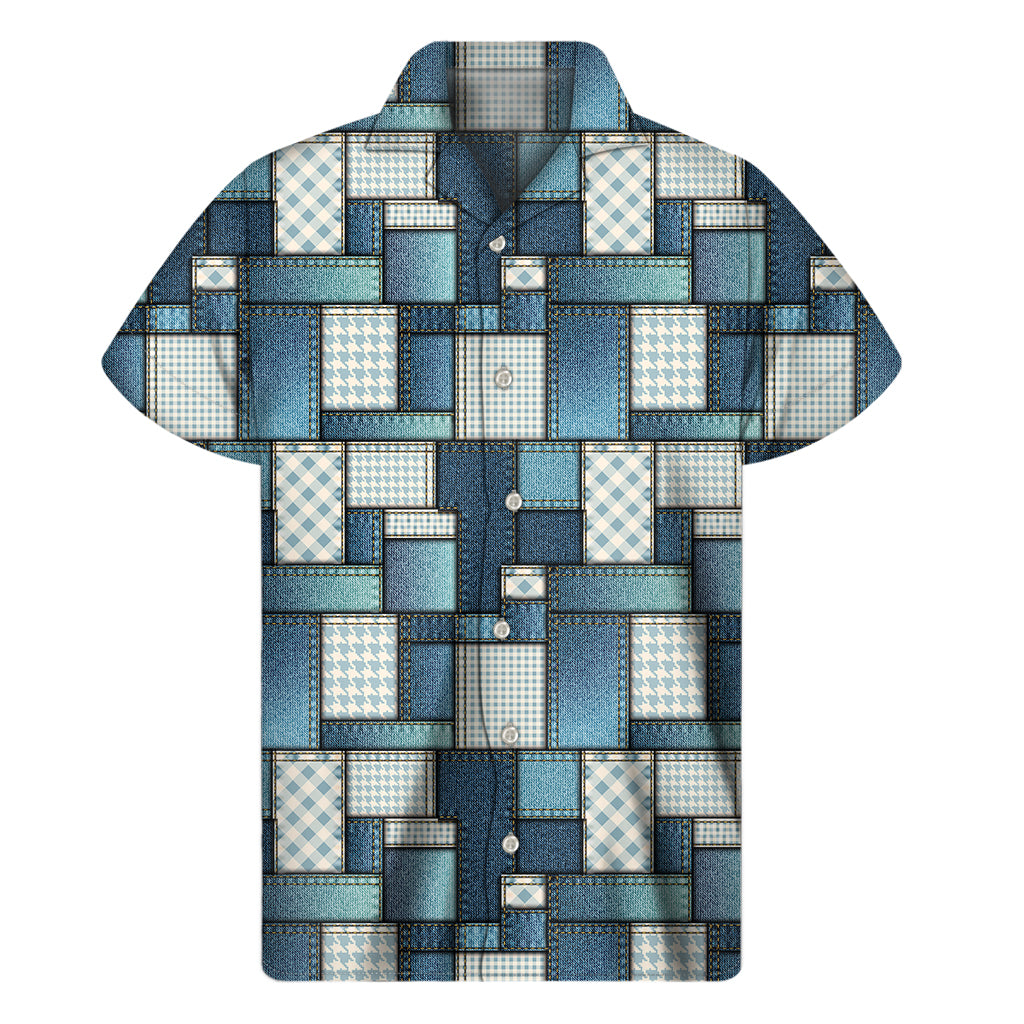 Plaid And Denim Patchwork Pattern Print Men's Short Sleeve Shirt