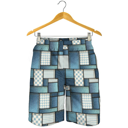 Plaid And Denim Patchwork Pattern Print Men's Shorts