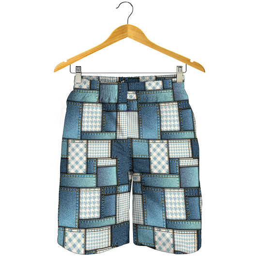 Plaid And Denim Patchwork Pattern Print Men's Shorts