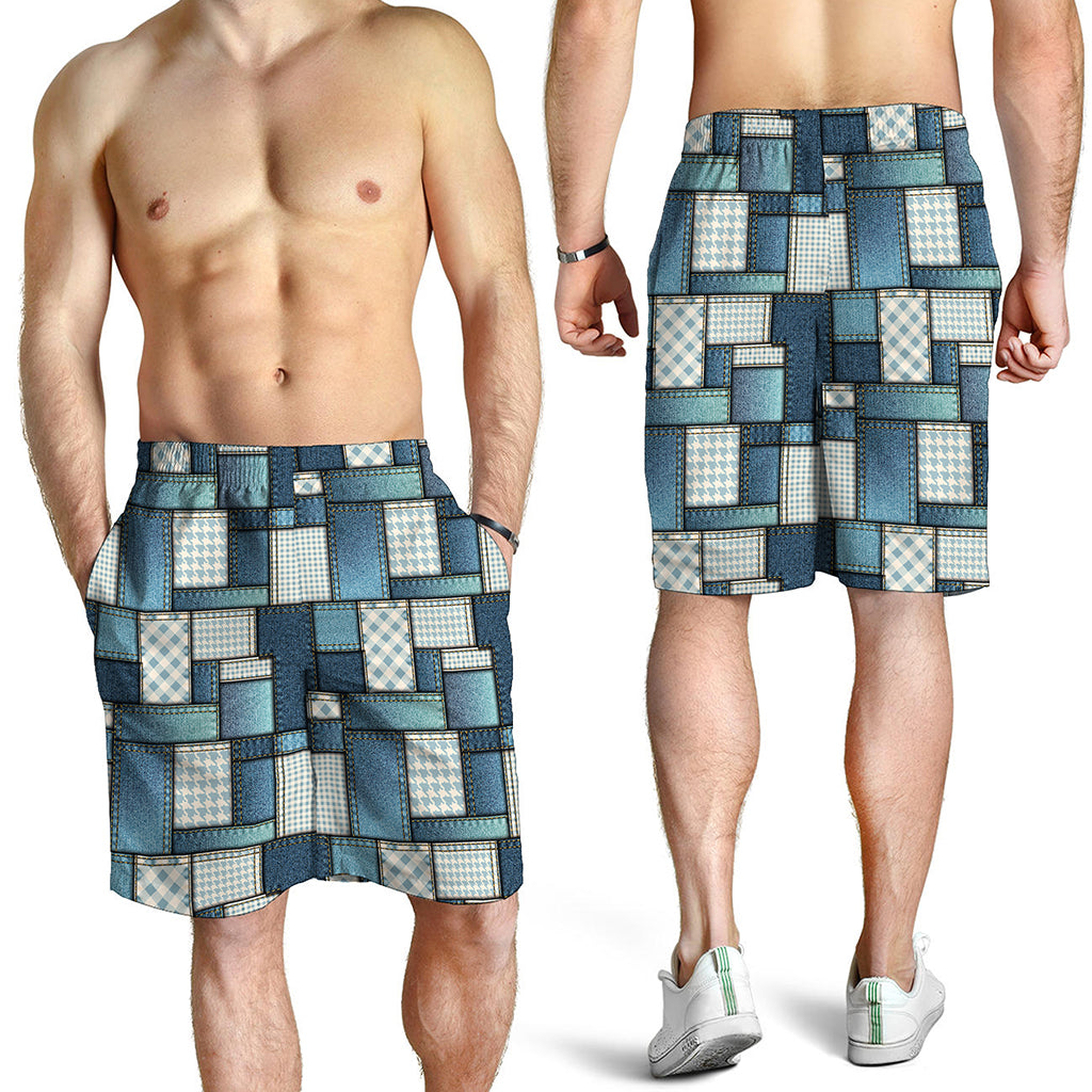 Plaid And Denim Patchwork Pattern Print Men's Shorts