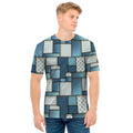 Plaid And Denim Patchwork Pattern Print Men's T-Shirt