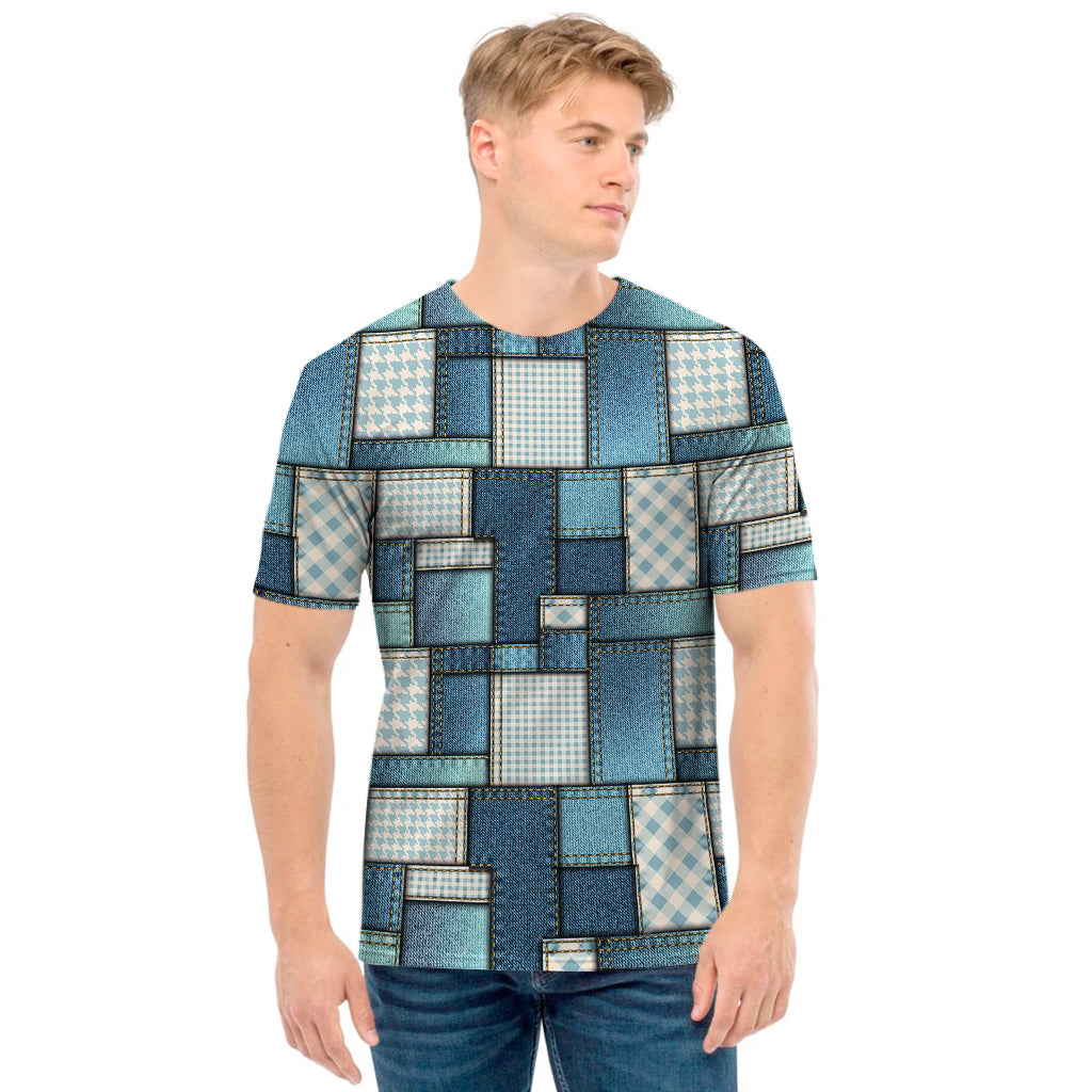 Plaid And Denim Patchwork Pattern Print Men's T-Shirt