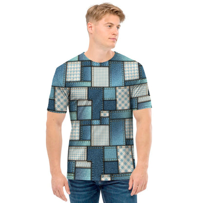 Plaid And Denim Patchwork Pattern Print Men's T-Shirt
