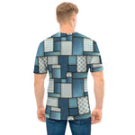 Plaid And Denim Patchwork Pattern Print Men's T-Shirt