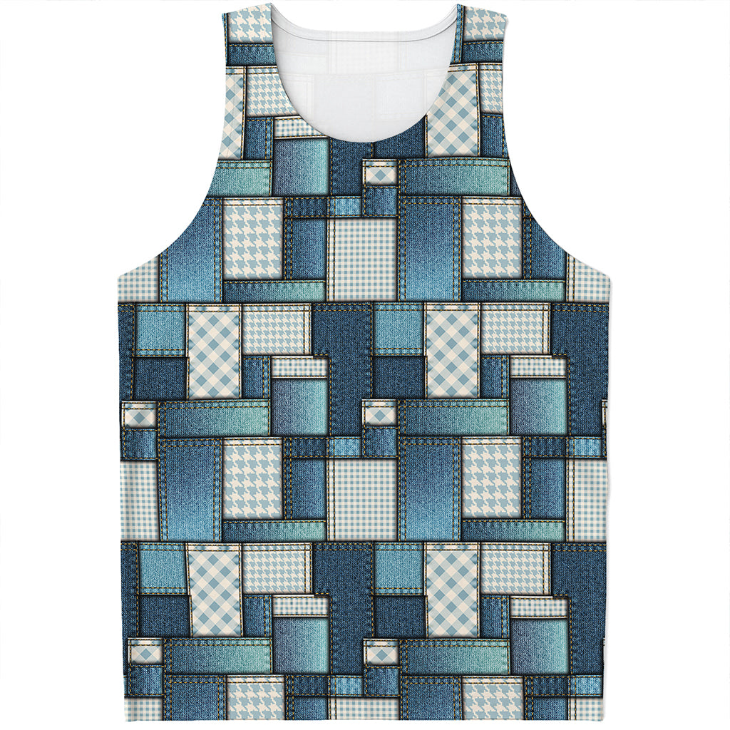 Plaid And Denim Patchwork Pattern Print Men's Tank Top