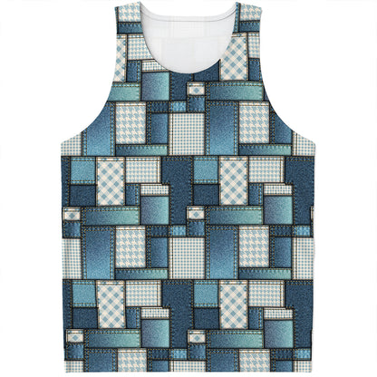 Plaid And Denim Patchwork Pattern Print Men's Tank Top