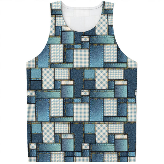 Plaid And Denim Patchwork Pattern Print Men's Tank Top