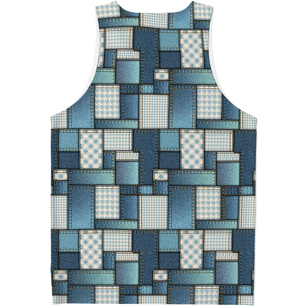 Plaid And Denim Patchwork Pattern Print Men's Tank Top