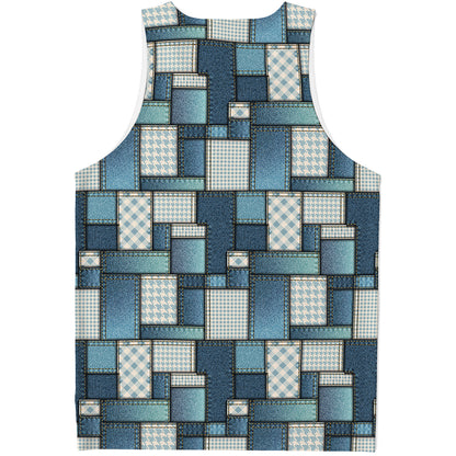 Plaid And Denim Patchwork Pattern Print Men's Tank Top