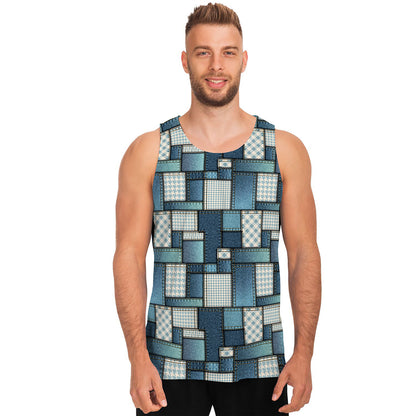Plaid And Denim Patchwork Pattern Print Men's Tank Top