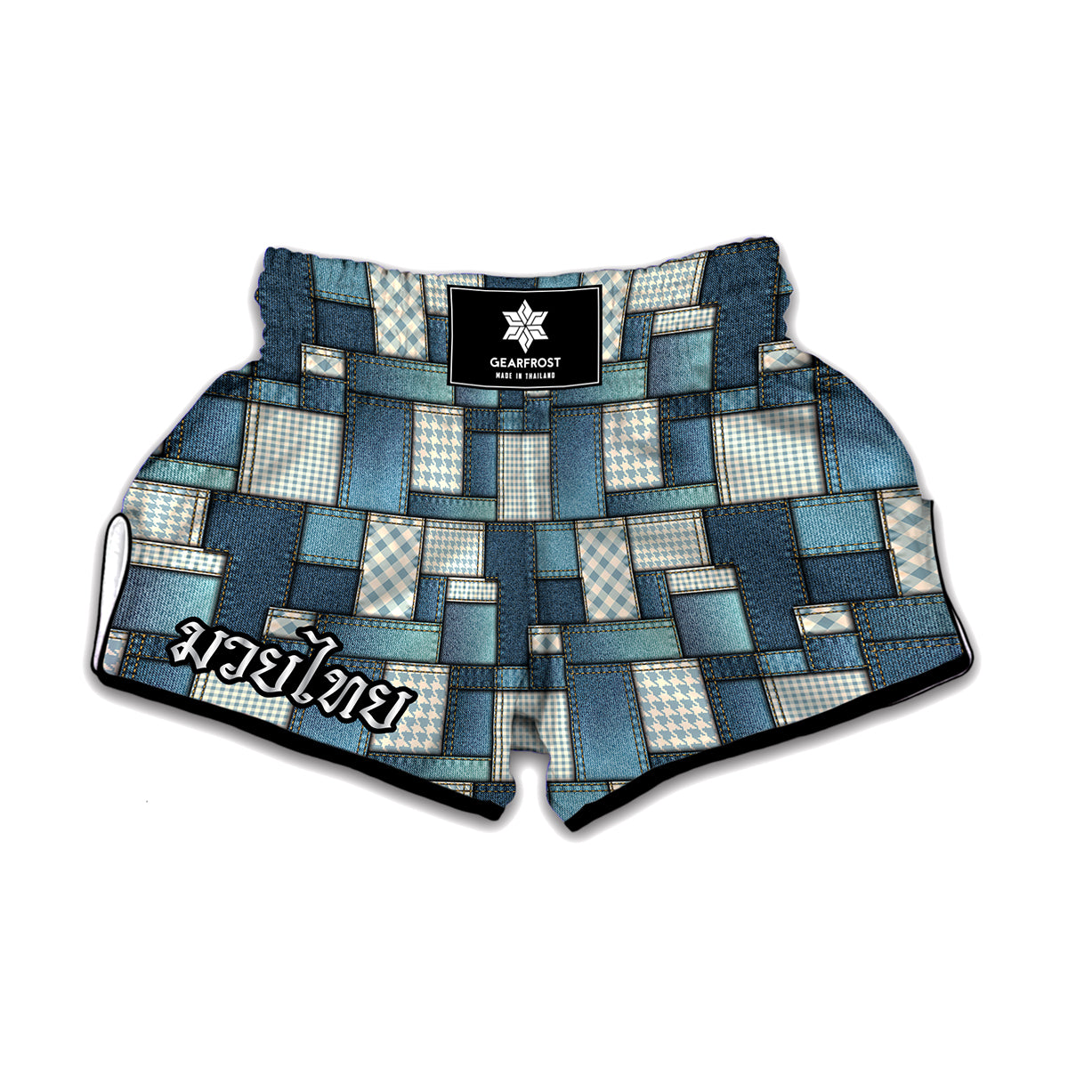 Plaid And Denim Patchwork Pattern Print Muay Thai Boxing Shorts