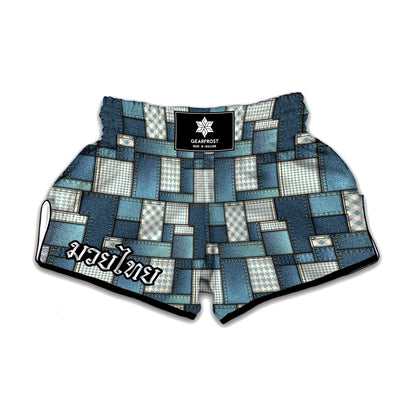 Plaid And Denim Patchwork Pattern Print Muay Thai Boxing Shorts