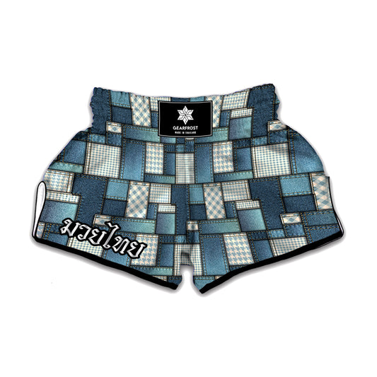 Plaid And Denim Patchwork Pattern Print Muay Thai Boxing Shorts