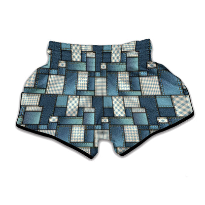 Plaid And Denim Patchwork Pattern Print Muay Thai Boxing Shorts