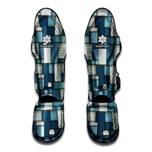 Plaid And Denim Patchwork Pattern Print Muay Thai Shin Guard