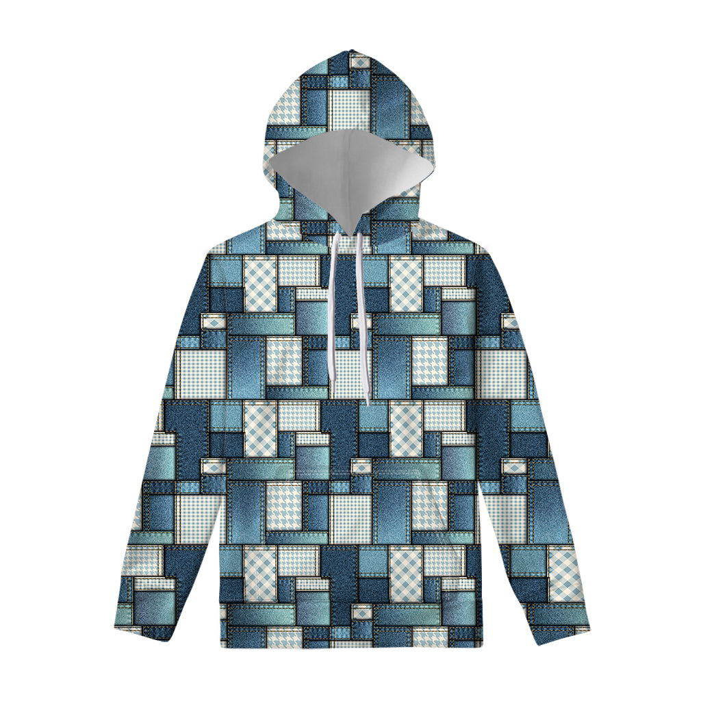 Plaid And Denim Patchwork Pattern Print Pullover Hoodie
