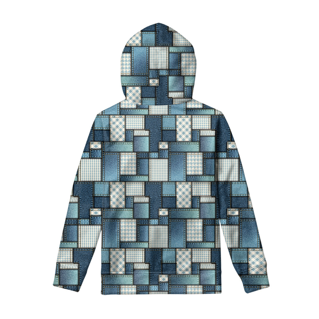 Plaid And Denim Patchwork Pattern Print Pullover Hoodie