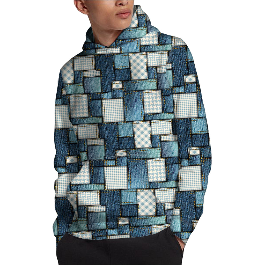 Plaid And Denim Patchwork Pattern Print Pullover Hoodie