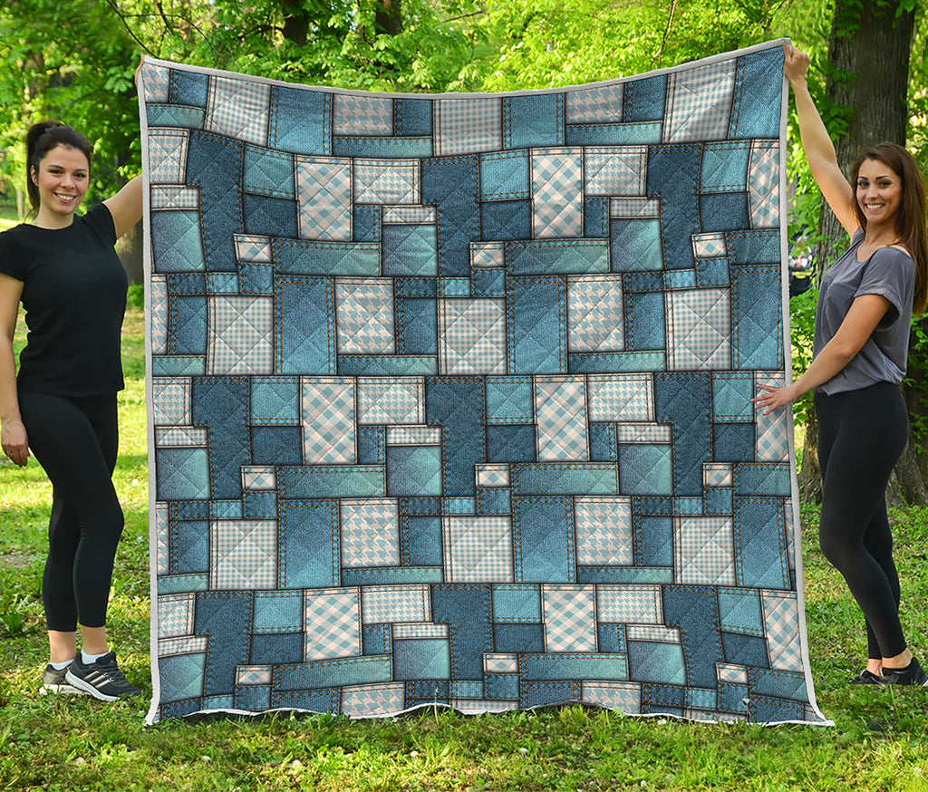 Plaid And Denim Patchwork Pattern Print Quilt