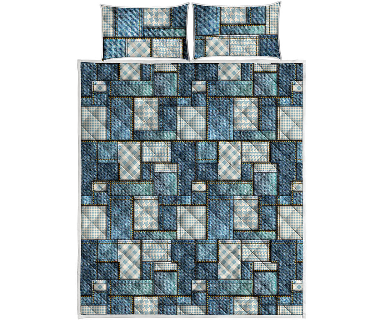 Plaid And Denim Patchwork Pattern Print Quilt Bed Set