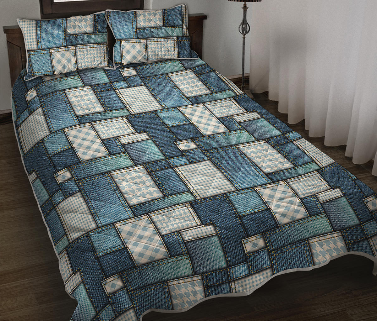 Plaid And Denim Patchwork Pattern Print Quilt Bed Set
