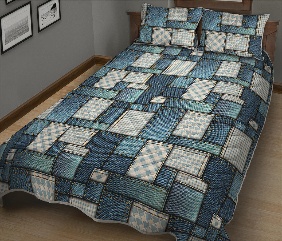 Plaid And Denim Patchwork Pattern Print Quilt Bed Set