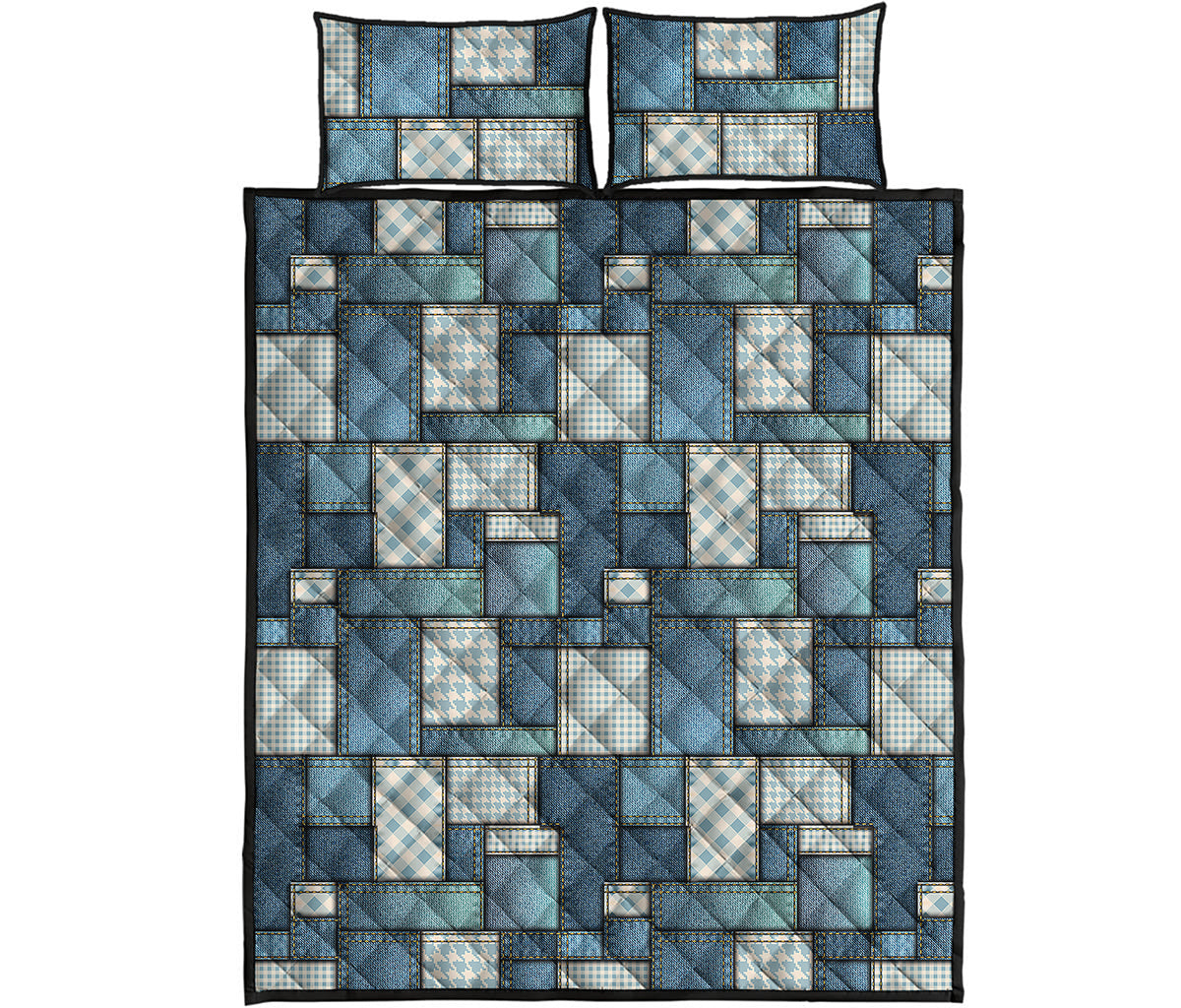 Plaid And Denim Patchwork Pattern Print Quilt Bed Set